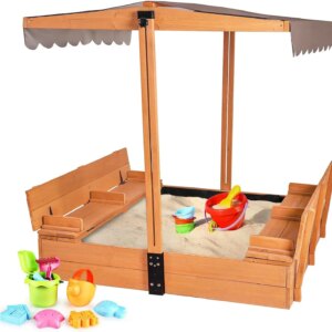 Kids Sand Boxes with Canopy Sandboxes with Covers Foldable Bench Seats, Children Outdoor Wooden Playset – Upgrade Retractable Ro
