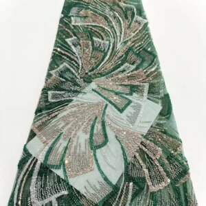 2025 Green Beaded French Mesh Lace Fabrics African Nigerian Gold Sequins Beaded Tulle Lace Fabric Embroidery Lace For Diy KB4919