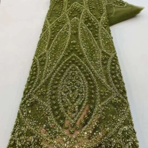Olive Green Beaded Lace Fabric Nigerian Lace Fabric 2023 High Quality Lace Gold Embroidered Fabric For Women’s Evening Dress