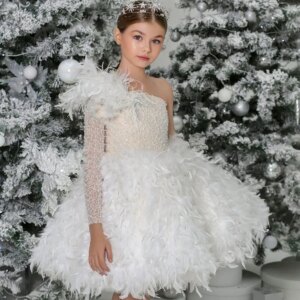 Jill Wish J394 Luxury Arabic White Girl Dress Feathers One Shoulder Dubai Baby Kids Princess Birthday Wedding Party Gown