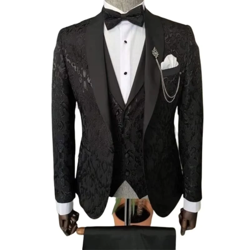Luxury 3 Pcs Wedding Suits for Groom Floral Men Jacquard Blazer Customized Wedding Party Formal Occasion Groom Plus Size