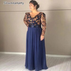 Navy Blue Sequined Mother Of The Bride Dresses Appliqued Long Sleeves Chiffon Evening Gown Customized Wedding Guest Dress
