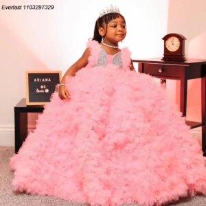 EVLAS Customized 2024 Pink Flower Girls Dress Beading Crystals Tiered Ruffles Ball Gown Luxury Child Birthday Party Gown TFD149