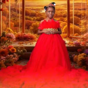 Strapless Red Kids Birthday Party Dresses Customized Feather Flower Girl Dresses for Wedding Baby Girls Prom for Photoshoot