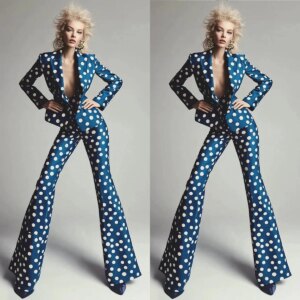 Tailored 2Pcs Women Suits Blazer Bell-Bottoms Dotted Pattern Fabric Peak Lapel One Button Fashion Evening Party Women Customized