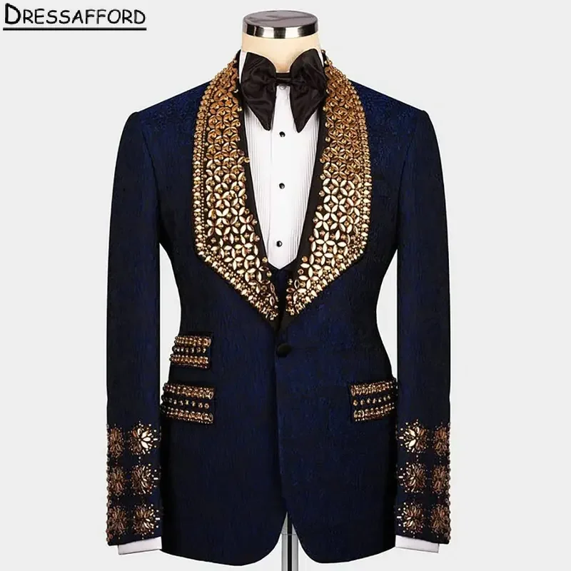 Dark Blue Jacquard Wedding Suits Men's Business Suit Gold Crystal Beading 2 Pieces Formal Man Tuxedo Groom Wear