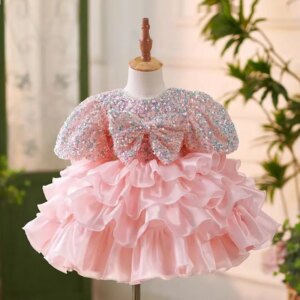 Jill Wish Shiny Pink Flower Girl Dress Bow Lace Puffy Sleeve Princess Toddler Kids Wedding 1st Birthday Pageant Party Gown J453