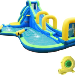 Inflatable Water Slide, 5 in 1 Water Park Castle Bouncy House with 735w Blower, Water Cannons, Long Slide w/Arch, Waterslide