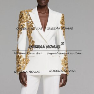 Brilliant Diamond Beaded Women Suits 2 Pieces Sets Single Breasted Party Blazers Customized Mother Of The Bride Dress Lady Gowns