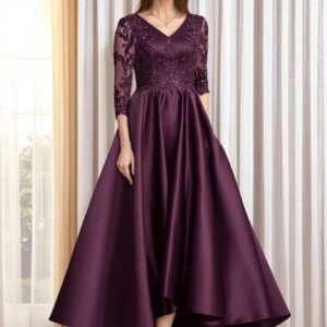 A-Line Mother of the Bride Dress Elegant Vintage V Neck Asymmetrical Satin Long Sleeve with Lace Appliques 2025