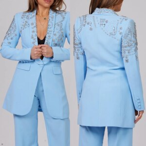 Luxury Crystal Mother Of The Bride Suits 2 Pieces Pocket Blazer Pants Set Customized Formal Business Office Lady Party Outfit