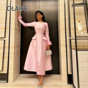Classic O-neck Satin Solid Bridesmaid Evening Dres A-line Ankle-Length Button Evening Arab Gown with Long Sleeve Customized
