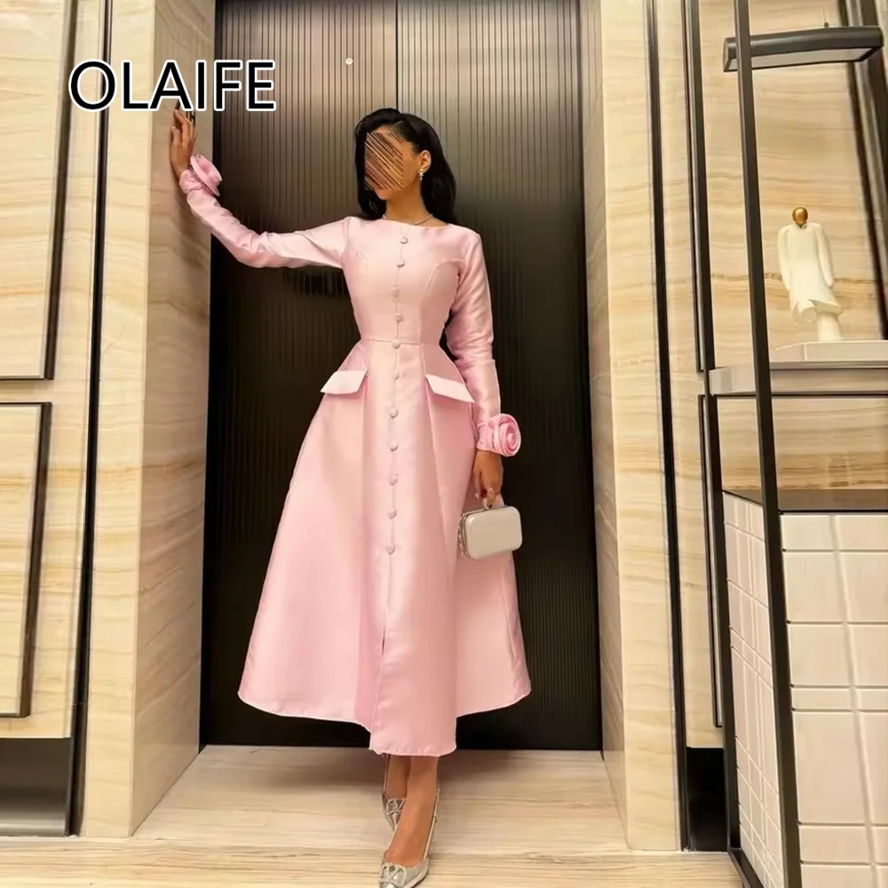Classic O-neck Satin Solid Bridesmaid Evening Dres A-line Ankle-Length Button Evening Arab Gown with Long Sleeve Customized