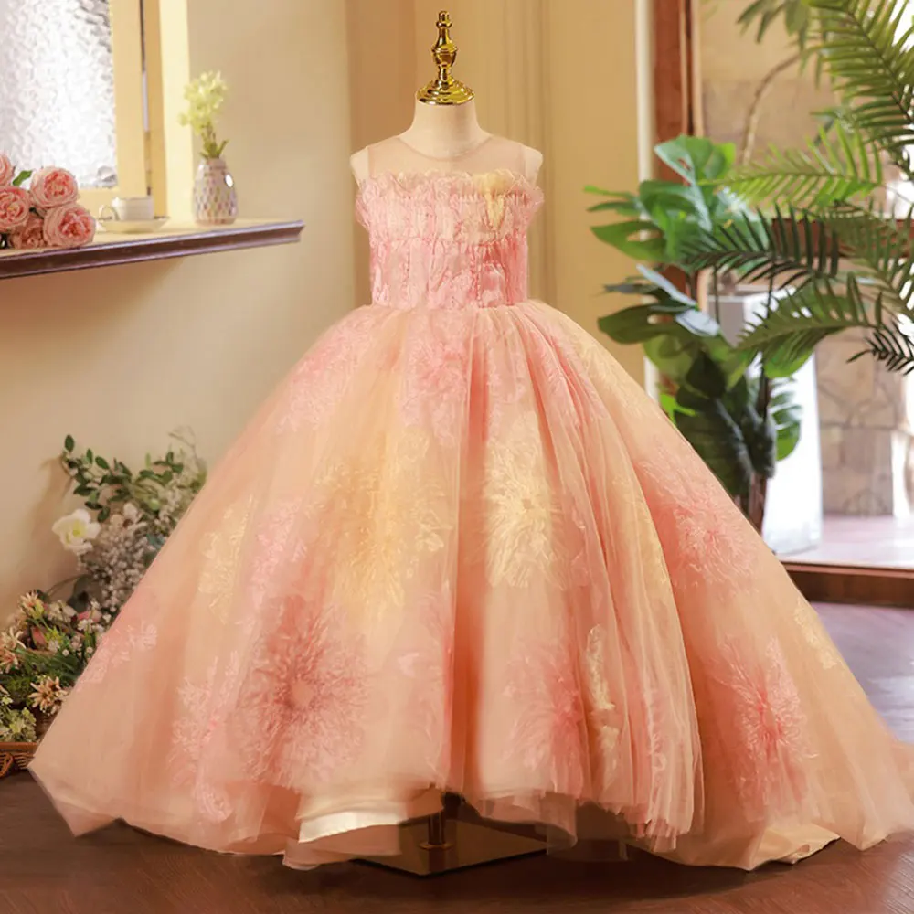 Jill Wish Luxury Coral Dubai Girl Dress Flowers Arabric Princess Kids Wedding Birthday Party Long Ball Communion Gown 2025 J276