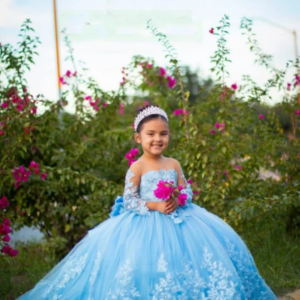 Customized Blue Mini Quinceanera Dresses Mexican Prom Flower Girl Dresses Tulle Appliques With Bow Wedding Celebration Dresses