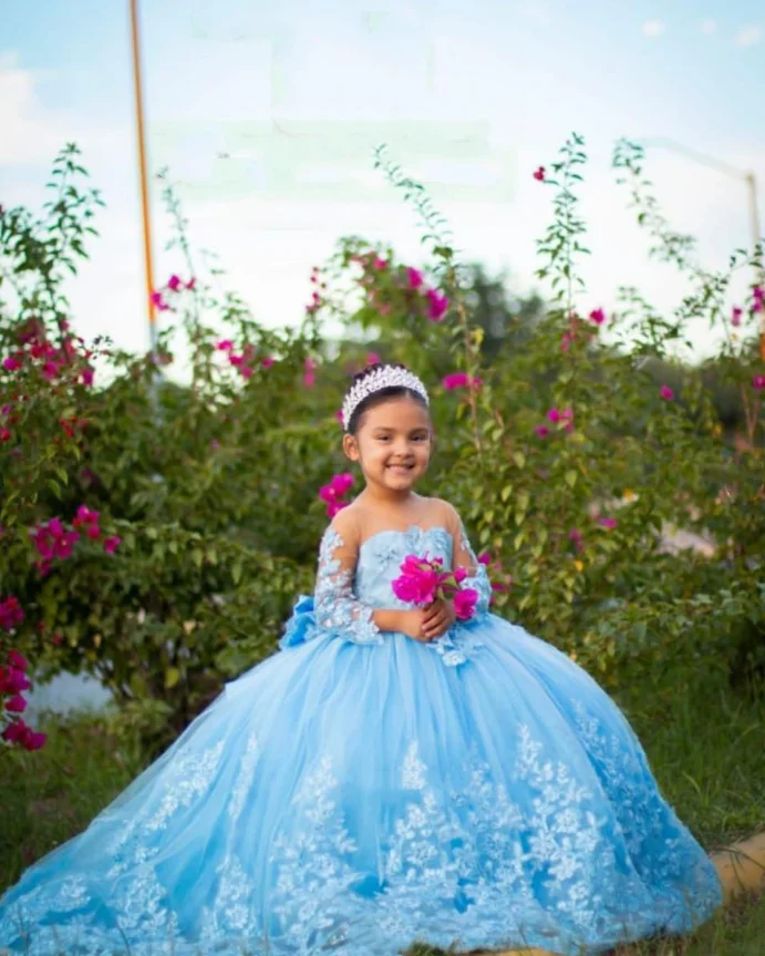 Customized Blue Mini Quinceanera Dresses Mexican Prom Flower Girl Dresses Tulle Appliques With Bow Wedding Celebration Dresses