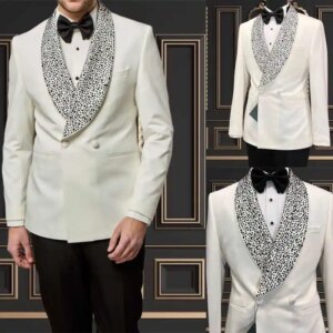 Rhinestone Men Wedding Suits Shawl Lapel Tuxedo Double Breasted Groom Wear 2 Pcs Jacket Pants Business Evening Party Customized