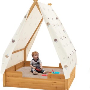 Triangular Wooden Sandbox with Canopy for Aged 3-8 Years Old, Sand Boxes for Backyard Garden, Sand Pit for Beach Patio Outdoor,I