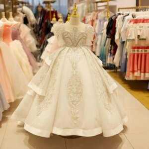 Dreamy Vow Luxury Arabic White Girl Quinceanera Dresses Beaded Pearls Dubai Princess Gown for Kids Birthday Wedding Party J095