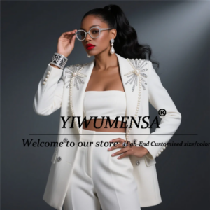 Glitter Beaded Pearls Mother Of Bride Dresses Customized Double Breasted Jacket Pants 2 Pieces Women Suits Evening Party Clothes