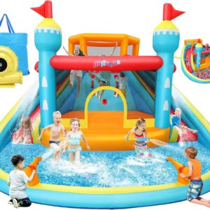 Inflatable Water Slide Bounce House for Kids 3-12, 14x14x7.6Ft Large Wet Dry Waterslide Bouncy Jump Castle with Pool, 2 Slides,