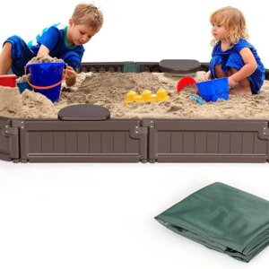 Kids Sandbox with Cover, Child Sand Pit w/Detachable Built-in Seating & Bottom Liner for Backyard Lawn Garden Beach, Outdoo