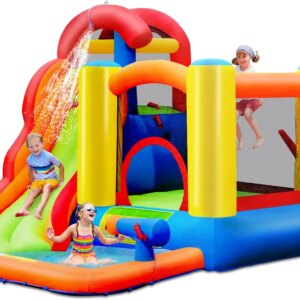 Inflatable Water Slide, 6 in 1 Toddler Giant Blow Up Bouncy Water Park w/Splash Pool, Outdoor Water Bounce House Water Slides In
