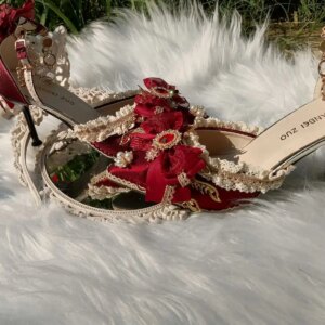 Lolita Wine Red Wedding Shoes Flower High Heels Women