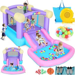 Inflatable Bounce House for Kids 3-6 with Water Slide Ball Pit Pool & 50 Ocean Balls, 5 in 1 Bouncy Castle w/ 6 Sticky Ball Dart