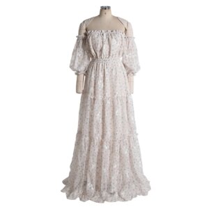 Off Shoulder Printed Chiffon Floral Maternity Gown with Puff Sleeves Woman Maxi Dress Pregnancy Shooting Dress YEWEN YW240069