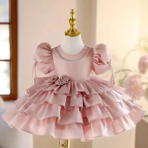 Jill Wish Elegant Pink Puffy Sleeve Flower Girl Dress Knee Length Tiered Princess Kids Wedding Birthday Party Holiday Gown J540