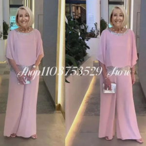 Fashion Mother of the Bride Gowns Pink Elegant Round Neck Chiffon Tailored Pants Suit Customised vestido de festa de casamento