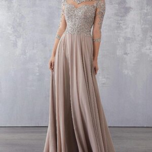 Purple Lace Applique Beaded Mother of the Bride Dresses Elegant Three Quarter Sleeve Long Chiffon Evening Formal Mother Dress