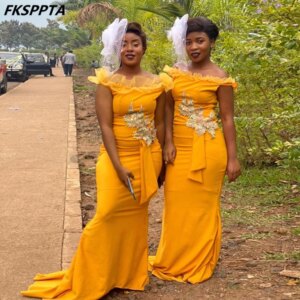 Yellow 2025 African Long Bridesmaid Dresses Off The Shoulder Mermaid Appliques Ruffles Stunning Maids Of Honor Gowns Cheap