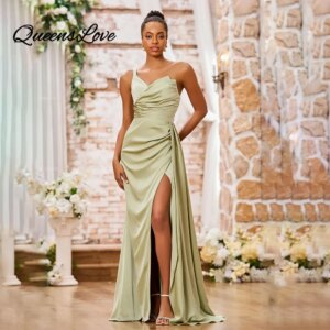 QueensLove One Shoulder Mermaid Satin Bridesmaid Dresses with Slit Long Formal Dress Prom Gowns Wedding Guest Dress Customized