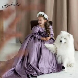 Customized Elegant Purple Flower Girl Dresses For Weddings 2025 Full Sleeves With Bow Girl Evening Long Birthday Party Dresses