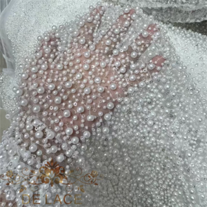 Delicate Pearls Lace Fabric Luxury Full Pearls Lace Machine Beaded Fabric Wedding Dress Lace
