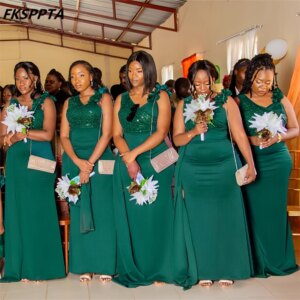 Wholesale 2025 Long Green Bridesmaid Dresses For Black Women Stunning Beading Satin Floor Length Mermaid Wedding Guest Gowns