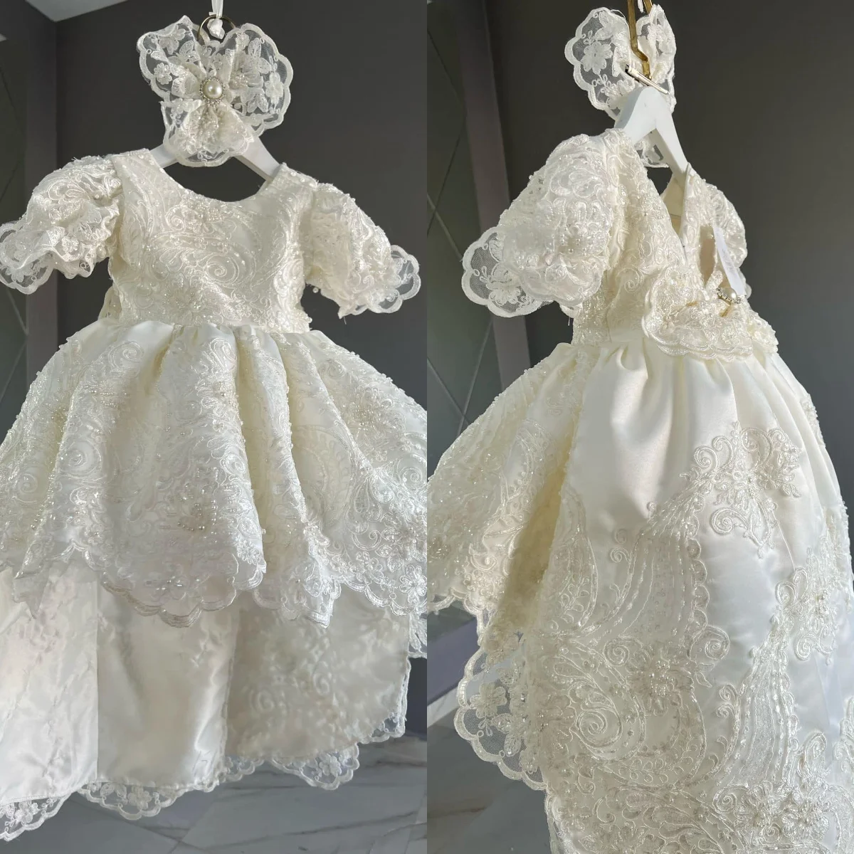 Customized Ivory Baby Christening Gowns Lace Appliques Girls Baptism Vintage Long Newborn Kids Birthday First Communion Dresses
