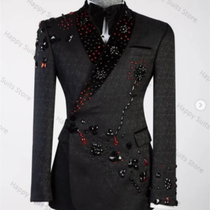 Jacquard Crystals Formal Men Suit Pants Set 2 Piece Blazer+Trousers Customized Office Business Jacket Prom Wedding Tuxedo Coat
