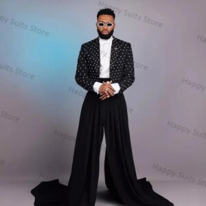 Crystals Black Groom Men Suit Set 2 Pieces Blazer+Wide Leg Pants Formal Office Jacket Coat Trousers Wedding Tuxedos Custom Made