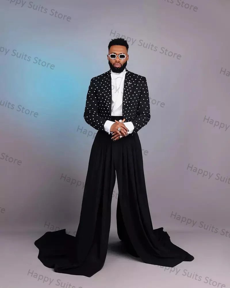 Crystals Black Groom Men Suit Set 2 Pieces Blazer+Wide Leg Pants Formal Office Jacket Coat Trousers Wedding Tuxedos Custom Made