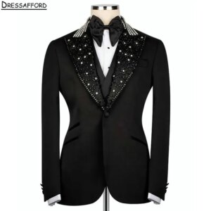 Black Pearls Beading Crystal Men Business Formal Occasion Tuxedos Grooms Wedding Party Prom Male Suit 2 Piece Set Blazer Pants
