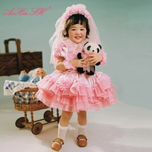 AnXin SH vintage pink satin and lace princess o neck beading pearls rose flower lace up Antique customized Flower Girl Skirt