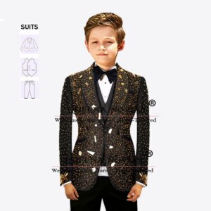 Luxury Boys’ Attire For Wedding Diamond Beaded Stones Children Suit Customized Shawl Lapel Prom Blazer 3-Piece Kids Tuxedo 2025
