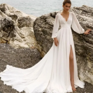 Bride Beach V-Neck Lace LaBoum Sexy High Split Wedding Dress Bridal Gowns Puff Sleeve Robe De Marié Evening Gown For Women