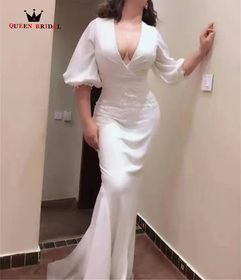Modern White Satin Mermaid Bridesmaid Dress Half Sleeves V-Neck Floor Length Bridesmaid Gowns With Lace Up Back Custom Made SU01
