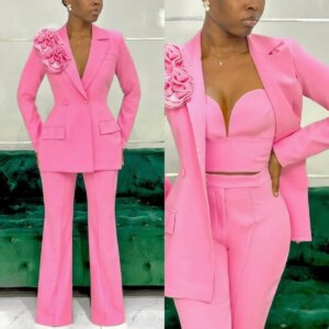 Customized Pink Women Pants Sets Designer 3D Flowers Ladies Prom Birthday Party Formal Wear Outfit Jacket 3 Pieces