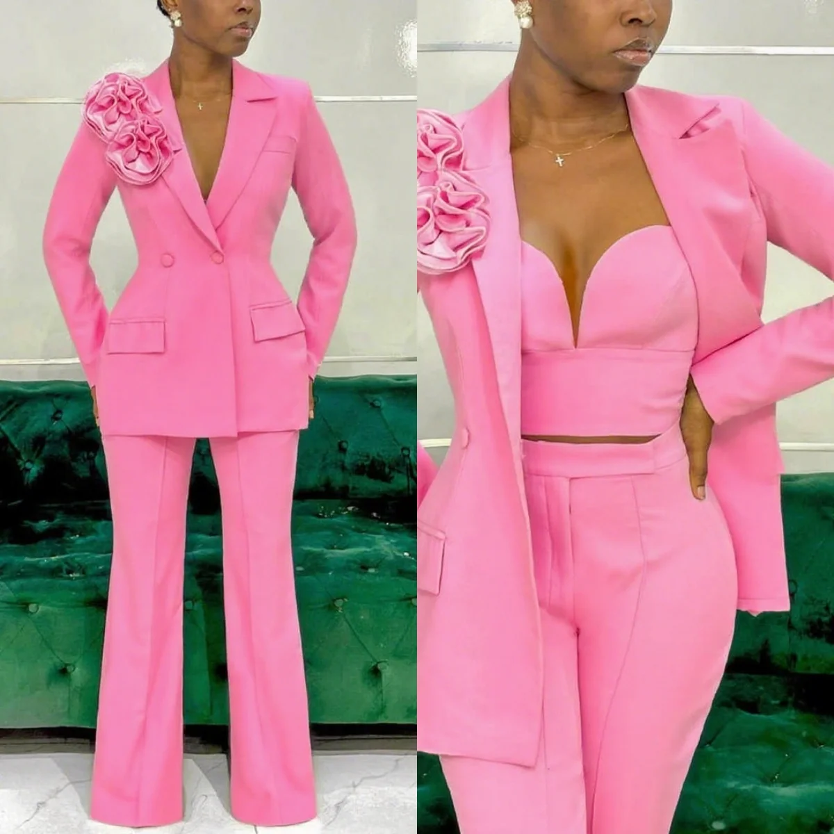 Customized Pink Women Pants Sets Designer 3D Flowers Ladies Prom Birthday Party Formal Wear Outfit Jacket 3 Pieces