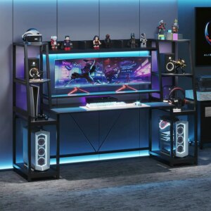 Ergonomic Gaming Desk 78.8” with LED Lights Large PC Gamer Desk Workstation
